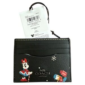 Disney X Coach Slim Id Card Black Leather Card Case Holiday Minnie and Donald